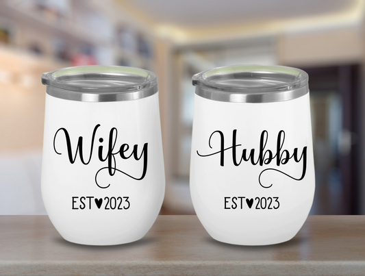 Hubby Wifey Est 2023 Wine Tumbler, Mr And Mrs Couples Tumblers For Couple’s Honeymoon Gift, Customizable Couples Tumblers For Newly Weds