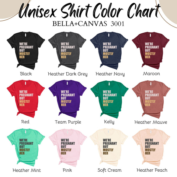 a color chart for a unisex t-shirt, with various color options available.