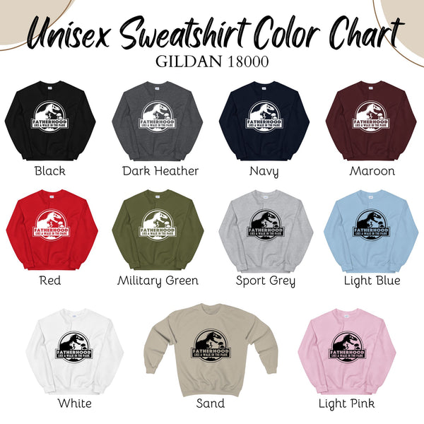 a color chart for a unisex sweatshirt, featuring various color options such as black, dark Heather, navy, maroon, red, military green, sport grey, light blue, pink, white, and sand.