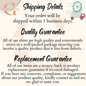 text that provides shipping details and a quality guarantee for a product. It includes a guarantee for the quality of the shirts and a replacement guarantee for the items.