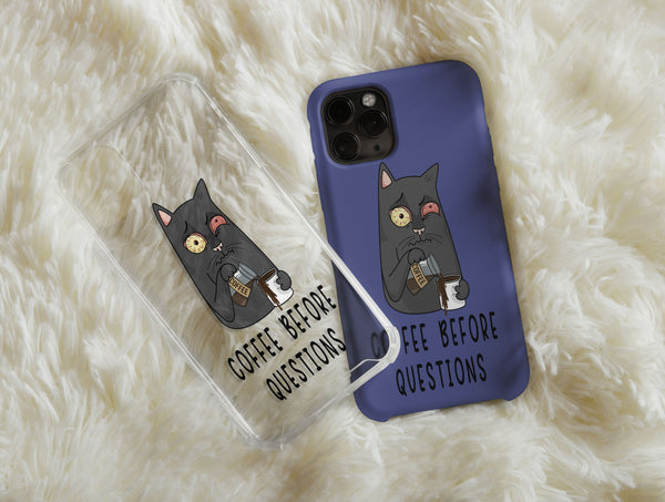 Funny Kawaii Cat Phone Case – Coffee Before Questions
