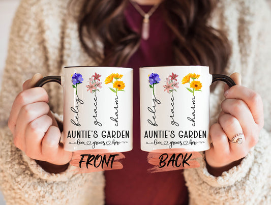 Auntie Family Garden Mug, Custom Birth Month Mug For Women Birthday Gift, Auntie Flower Coffee Mug, Customized Aunties Garden Mugs For Aunt