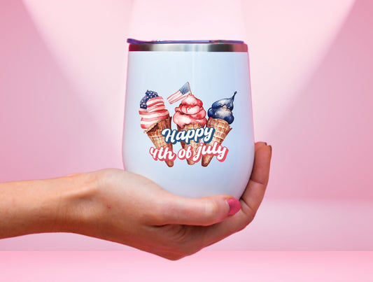 Happy 4th Of July Wine Tumbler, 4th Of July Wine Tumbler For Patriotic Independence Day Gift, Ice Cream Tumbler, USA Flag Tumbler, July 4th