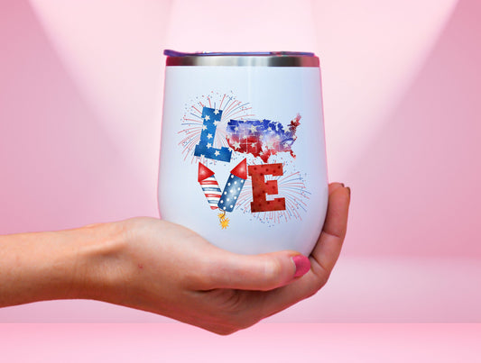 Love America Wine Tumbler, 4th Of July Wine Tumbler For Patriotic Independence Day Gift, USA Map Tumbler, Fireworks Tumbler, Patriotic Gift