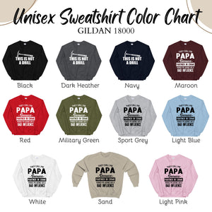 a color chart for a unisex sweatshirt, with various color options available.