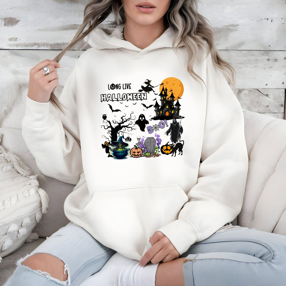 Long Live Halloween Hoodie – I Love Halloween Pullover with Haunted Mansion Scene
