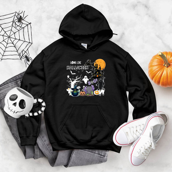 Long Live Halloween Hoodie – I Love Halloween Pullover with Haunted Mansion Scene