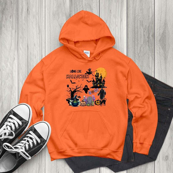 Long Live Halloween Hoodie – I Love Halloween Pullover with Haunted Mansion Scene
