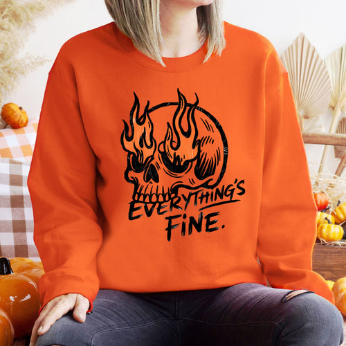Still Fine, Still Burning – Flaming Skull Sweatshirt for Peak Chaos Vibes