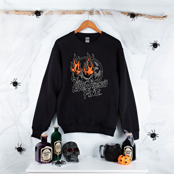 Still Fine, Still Burning – Flaming Skull Sweatshirt for Peak Chaos Vibes