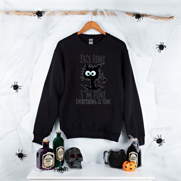 I'm Fine Cat Sweatshirt – Funny Black Cat for Halloween Chaos