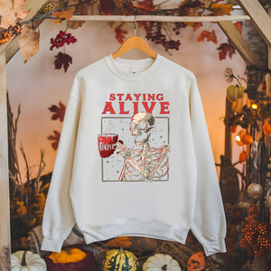 Staying Alive (Barely) – Skeleton Coffee Sweatshirt for the Caffeinated Chaos Crew