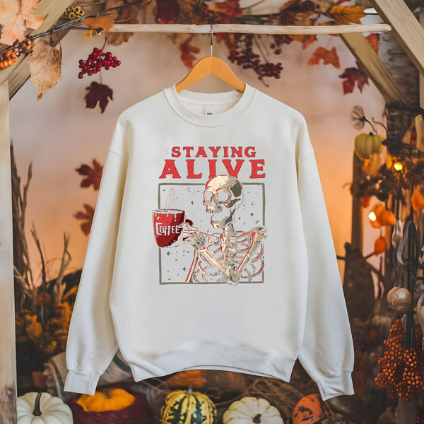 Staying Alive (Barely) – Skeleton Coffee Sweatshirt for the Caffeinated Chaos Crew