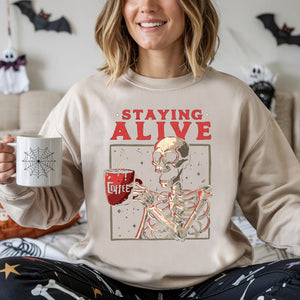 Staying Alive (Barely) – Skeleton Coffee Sweatshirt for the Caffeinated Chaos Crew