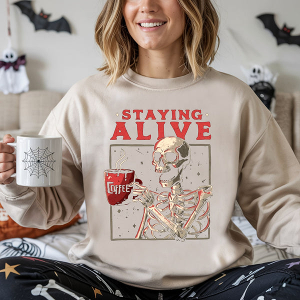 Staying Alive (Barely) – Skeleton Coffee Sweatshirt for the Caffeinated Chaos Crew