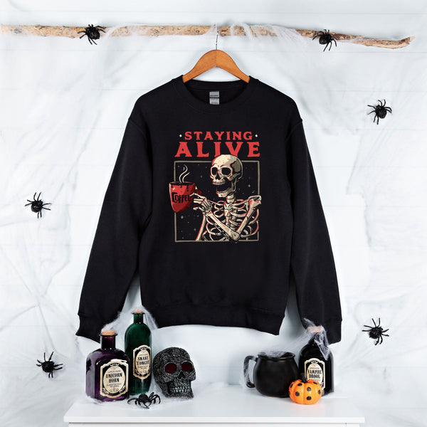 Staying Alive (Barely) – Skeleton Coffee Sweatshirt for the Caffeinated Chaos Crew