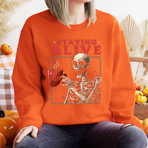 Staying Alive (Barely) – Skeleton Coffee Sweatshirt for the Caffeinated Chaos Crew