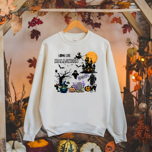 Long Live Halloween Sweatshirt – I Love Halloween Fall Layers with Haunted House Design