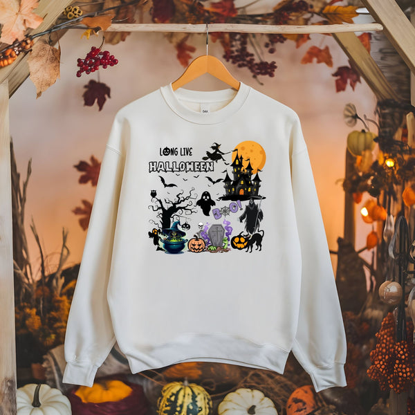 Long Live Halloween Sweatshirt – I Love Halloween Fall Layers with Haunted House Design