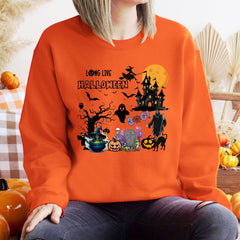 Long Live Halloween Sweatshirt – I Love Halloween Fall Layers with Haunted House Design