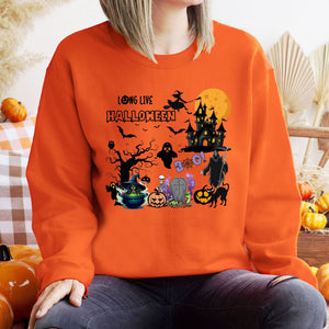 Long Live Halloween Sweatshirt – I Love Halloween Fall Layers with Haunted House Design