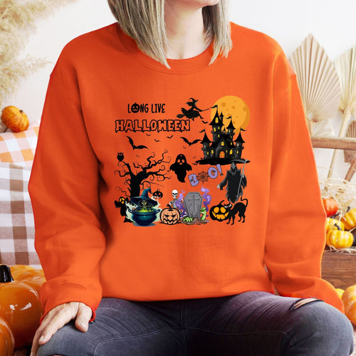 Long Live Halloween Sweatshirt – I Love Halloween Fall Layers with Haunted House Design