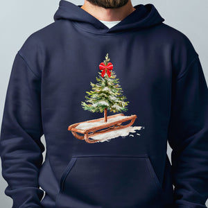 Christmas Tree Sleigh Hoodie – Rustic Watercolor Christmas Hoodie