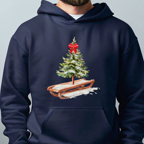 Christmas Tree Sleigh Hoodie – Rustic Watercolor Christmas Hoodie