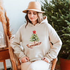 Christmas Tree Sleigh Hoodie – Rustic Watercolor Christmas Hoodie