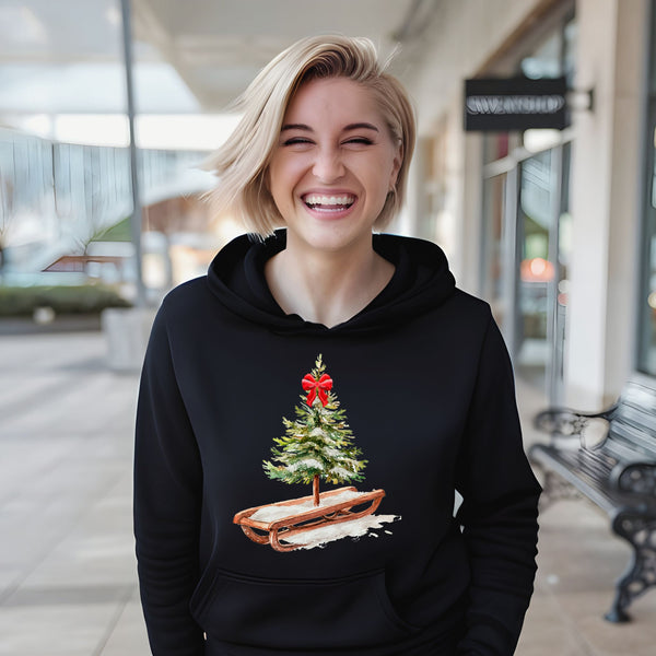 Christmas Tree Sleigh Hoodie – Rustic Watercolor Christmas Hoodie
