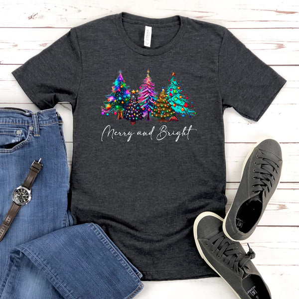 Merry And Bright Shirt – Colorful Christmas Tree Holiday Tee Gift