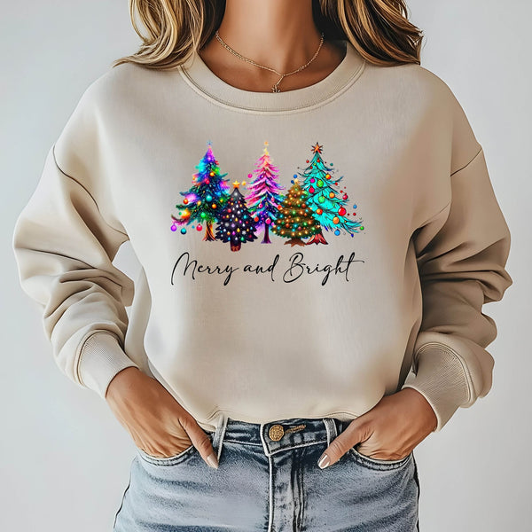 Merry And Bright Sweatshirt – Colorful Christmas Tree Crewneck Gift