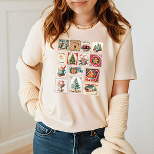 Retro Christmas Stamps T-Shirt – Vintage Holiday Graphic Tee