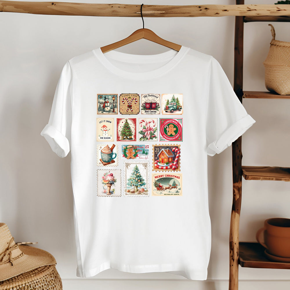 Retro Christmas Stamps T-Shirt – Vintage Holiday Graphic Tee