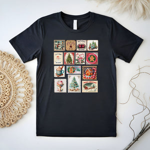 Retro Christmas Stamps T-Shirt – Vintage Holiday Graphic Tee