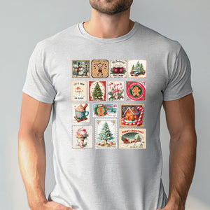 Retro Christmas Stamps T-Shirt – Vintage Holiday Graphic Tee