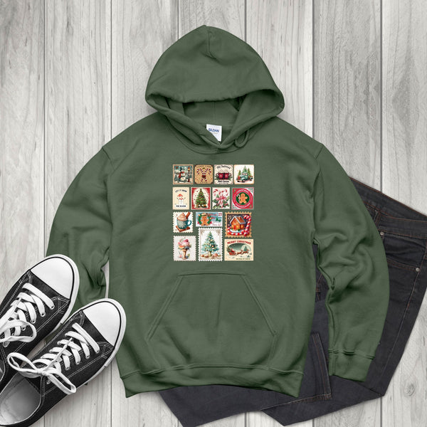 Retro Christmas Stamps Hoodie – Vintage Holiday Pullover