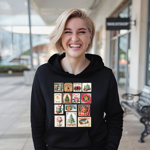 Retro Christmas Stamps Hoodie – Vintage Holiday Pullover