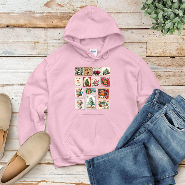 Retro Christmas Stamps Hoodie – Vintage Holiday Pullover