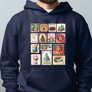 Retro Christmas Stamps Hoodie – Vintage Holiday Pullover