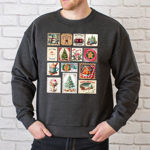 Retro Christmas Stamps Hoodie – Vintage Holiday Pullover