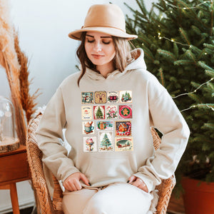 Retro Christmas Stamps Hoodie – Vintage Holiday Pullover