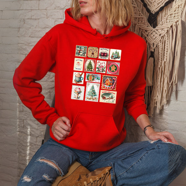 Retro Christmas Stamps Hoodie – Vintage Holiday Pullover