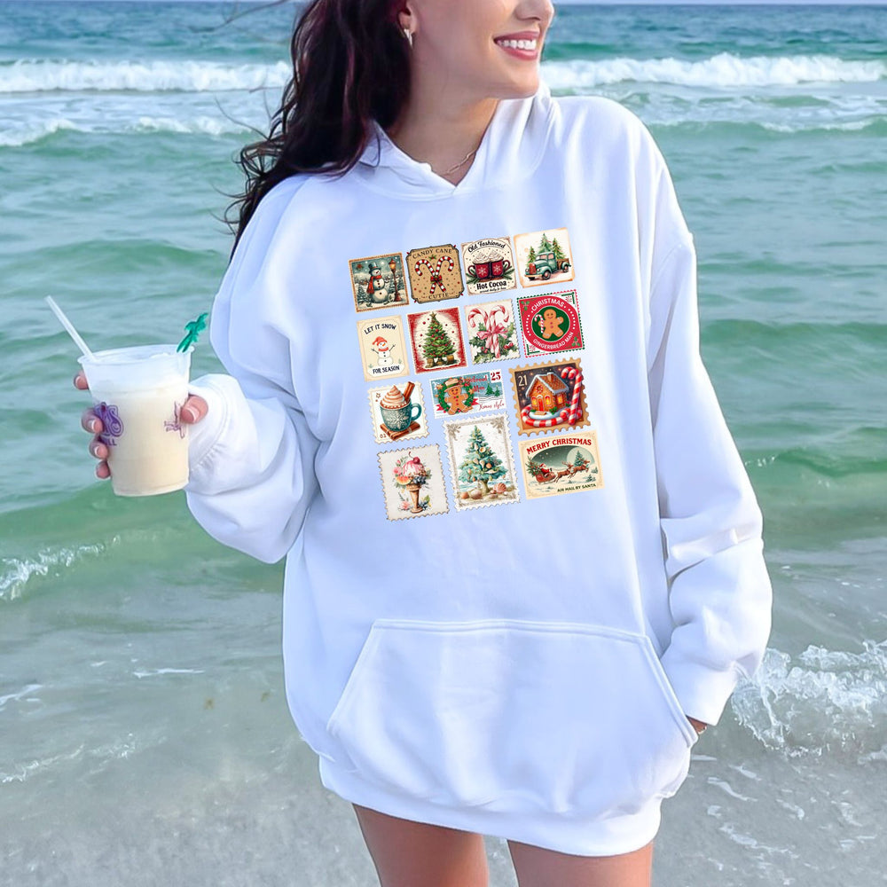 Retro Christmas Stamps Hoodie – Vintage Holiday Pullover