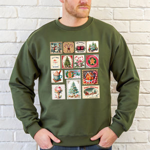 Retro Christmas Stamps Sweatshirt – Vintage Holiday Crewneck