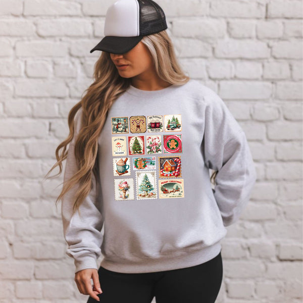Retro Christmas Stamps Sweatshirt – Vintage Holiday Crewneck