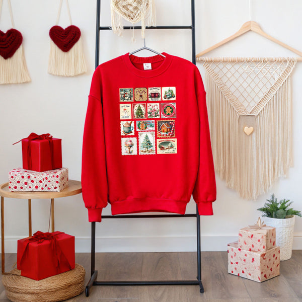 Retro Christmas Stamps Sweatshirt – Vintage Holiday Crewneck