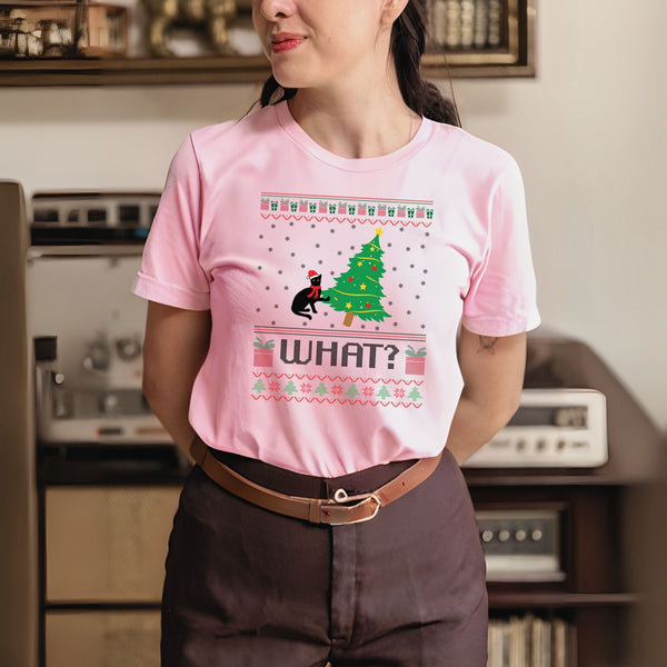 What Cat Pushing Tree T-Shirt – Funny Christmas Cat Graphic Tee