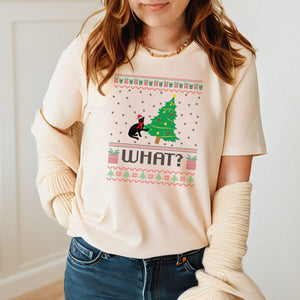 What Cat Pushing Tree T-Shirt – Funny Christmas Cat Graphic Tee