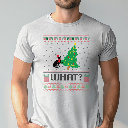 What Cat Pushing Tree T-Shirt – Funny Christmas Cat Graphic Tee